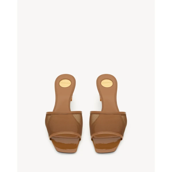 Brown Saint Laurent Sip Mule Sandals in Mesh and Patent Leather, view 2 | Mules