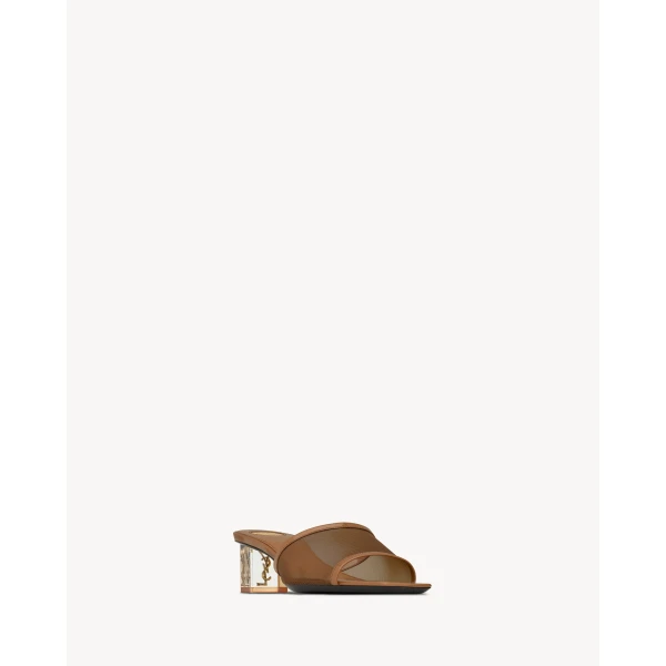 Brown Saint Laurent Sip Mule Sandals in Mesh and Patent Leather, view 3 | Mules