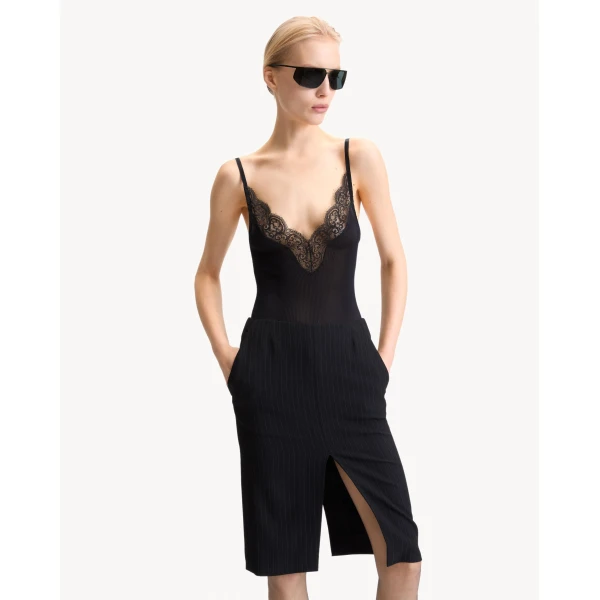 Multicolour Saint Laurent Split Pencil Skirt in Chalk-Stripe Wool Mélange, view 2 | Pencil Skirts