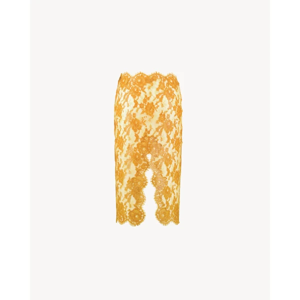Orange Saint Laurent Split Pencil Skirt in Silicone-Coated Lace, view 3 | Pencil Skirts