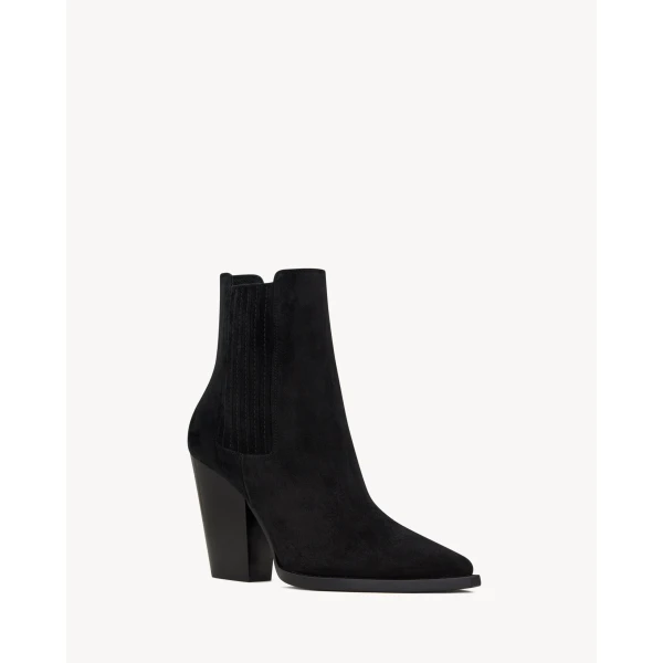 Black Saint Laurent Theo Chelsea Booties in Suede, Black, view 3 | Boots