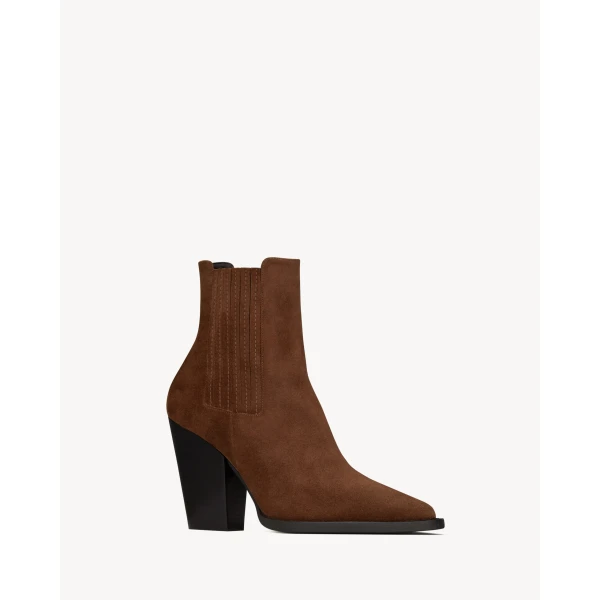 Brown Saint Laurent Theo Chelsea Booties in Suede, Land, view 3 | Boots