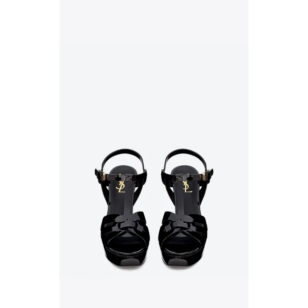 Black Saint Laurent Tribute Platform Sandals in Patent Leather, Black, 105 mm, view 2 | Sandals