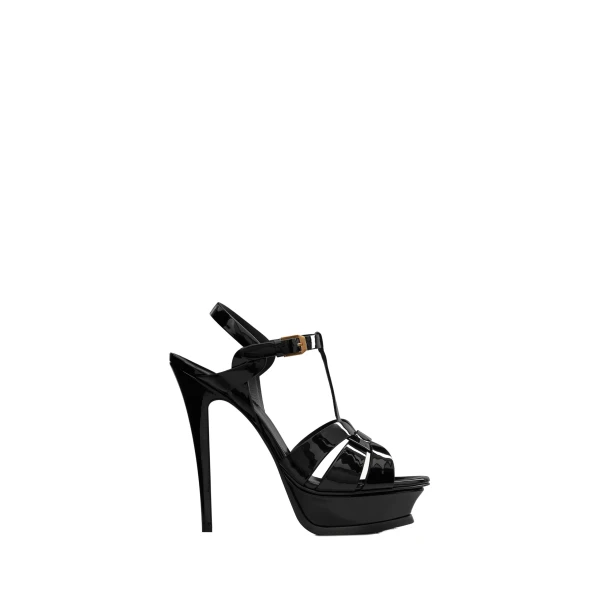 Black Saint Laurent Tribute Platform Sandals in Patent Leather, Black, 135 mm | Sandals