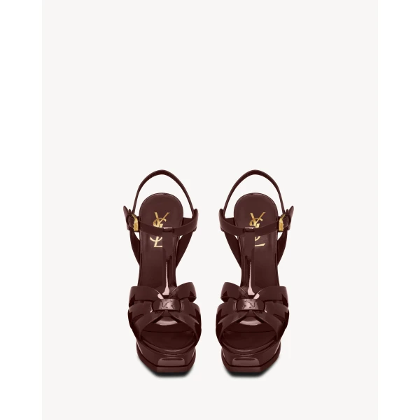 Red Saint Laurent Tribute Platform Sandals in Patent Leather, Burgundy, 135 mm, view 2 | Sandals