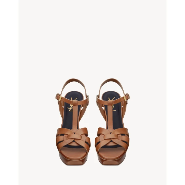 Brown Saint Laurent Tribute Platform Sandals in Smooth Leather, Amber, 105 mm, view 2 | Sandals