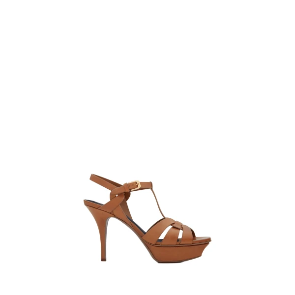 Brown Saint Laurent Tribute Platform Sandals in Smooth Leather, Amber, 105 mm | Sandals