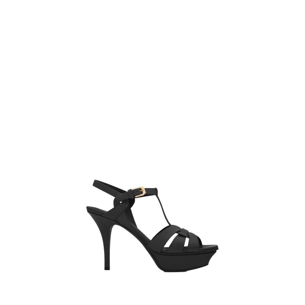 Black Saint Laurent Tribute Platform Sandals in Smooth Leather, Black, 105 mm | Sandals