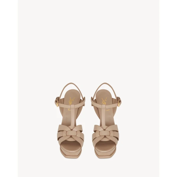 Beige Saint Laurent Tribute Platform Sandals in Smooth Leather, Dark Beige, 105 mm, view 2 | Sandals