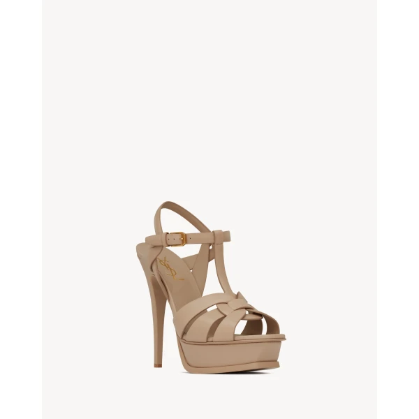 Beige Saint Laurent Tribute Platform Sandals in Smooth Leather, Dark Beige, 135 mm, view 3 | Sandals