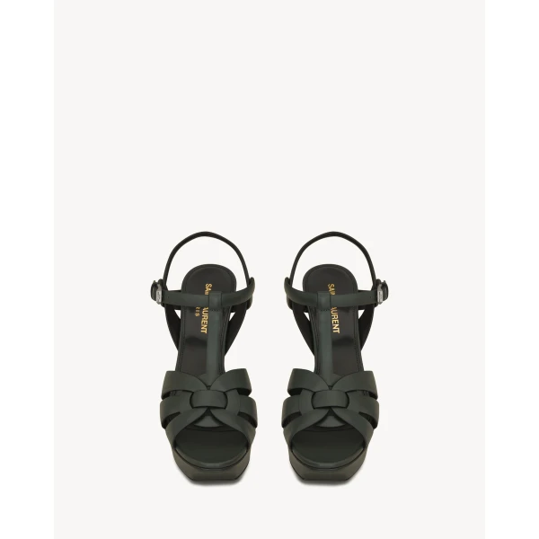 Green Saint Laurent Tribute Platform Sandals in Smooth Leather, Dark Green, 105 mm, view 2 | Sandals