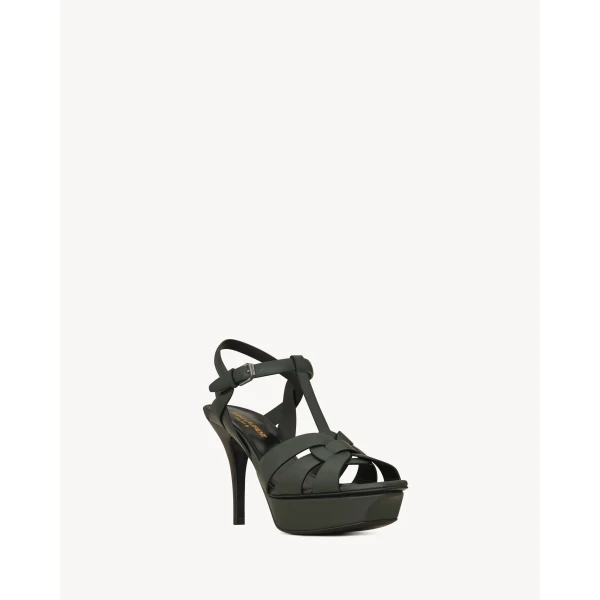 Green Saint Laurent Tribute Platform Sandals in Smooth Leather, Dark Green, 105 mm, view 3 | Sandals