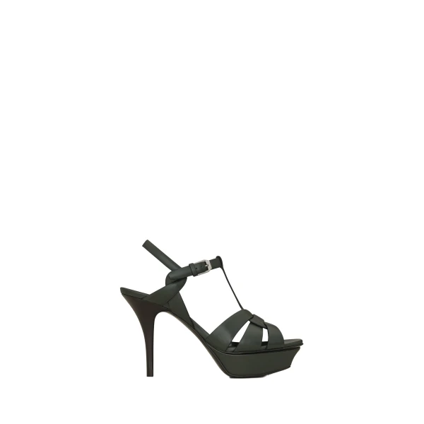 Green Saint Laurent Tribute Platform Sandals in Smooth Leather, Dark Green, 105 mm | Sandals