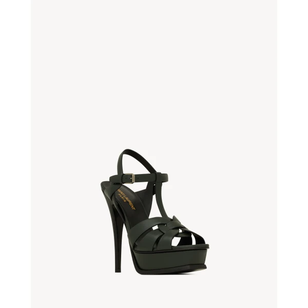 Green Saint Laurent Tribute Platform Sandals in Smooth Leather, Dark Green, 135 mm, view 3 | Sandals