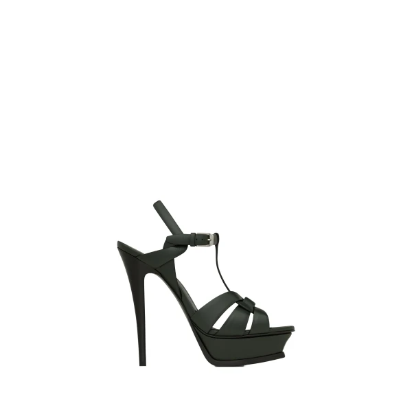 Green Saint Laurent Tribute Platform Sandals in Smooth Leather, Dark Green, 135 mm | Sandals