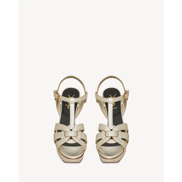 Metallic Saint Laurent Tribute Sandals in Metallic Leather, Pale Gold 535182, view 2 | Sandals