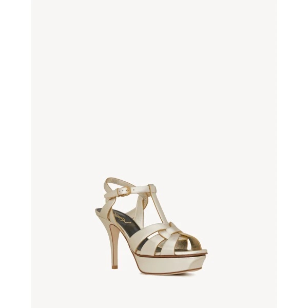 Metallic Saint Laurent Tribute Sandals in Metallic Leather, Pale Gold 535182, view 3 | Sandals