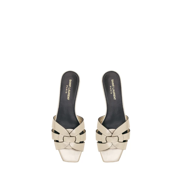 Tribute Sandals in Metallic Leather, Pale Gold 572735