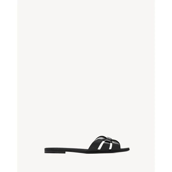 Black Saint Laurent Tribute Sandals in Patent Leather, Black, view 2 | Sandals