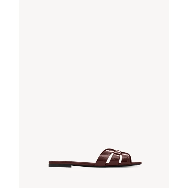 Red Saint Laurent Tribute Sandals in Patent Leather, Burgundy, view 2 | Sandals
