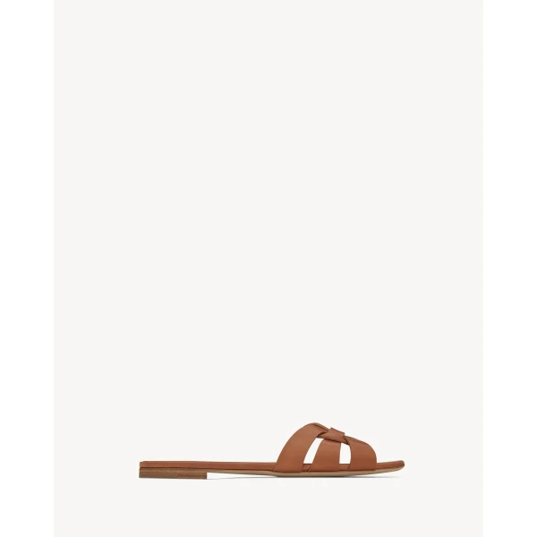Brown Saint Laurent Tribute Sandals in Smooth Leather, Amber, view 2 | Sandals