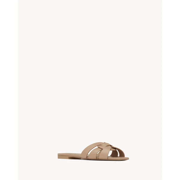 Beige Saint Laurent Tribute Sandals in Smooth Leather, Dark Beige, view 3 | Sandals