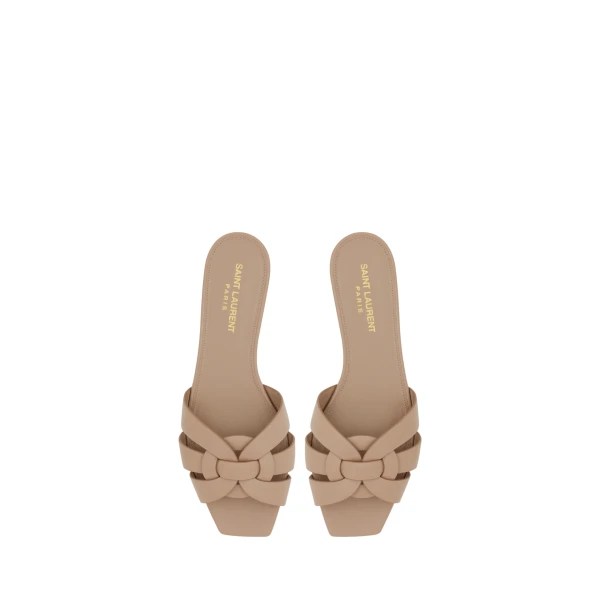 Beige Saint Laurent Tribute Sandals in Smooth Leather, Dark Beige | Sandals