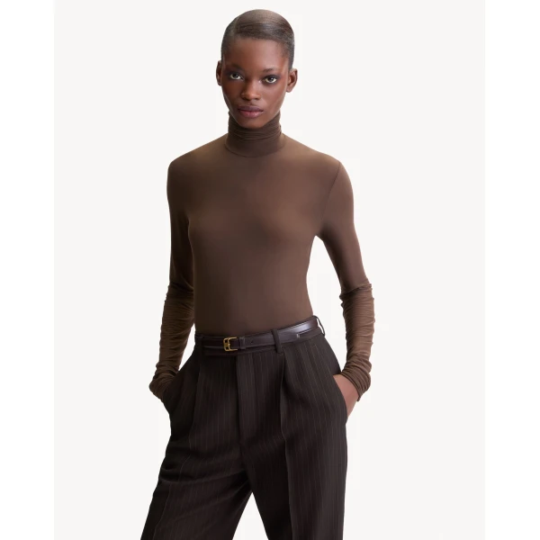 Beige Saint Laurent Turtleneck in Stretch Jersey, Marron Fonce, view 2 | Long Sleeve