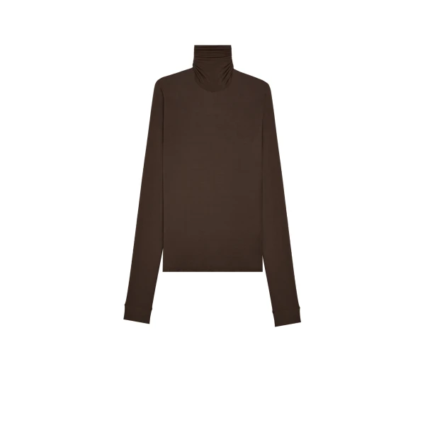 Beige Saint Laurent Turtleneck in Stretch Jersey, Marron Fonce | Long Sleeve