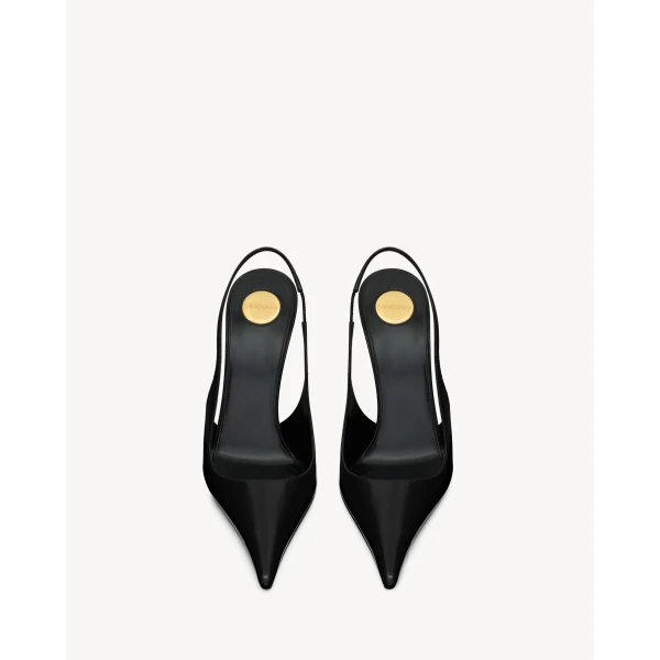 Black Saint Laurent Vendome Slingback Pumps in Glazed Leather, Black, view 2 | Heels