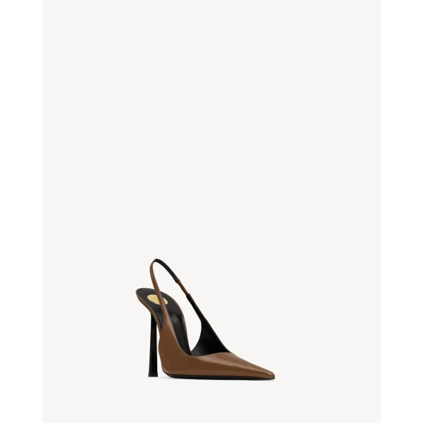 Brown Saint Laurent Vendome Slingback Pumps in Glazed Leather, Soil Brown, view 3 | Heels