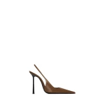 Brown Saint Laurent Vendome Slingback Pumps in Glazed Leather, Soil Brown | Heels