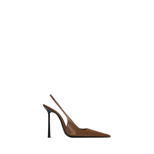 Brown Saint Laurent Vendome Slingback Pumps in Glazed Leather, Soil Brown | Heels