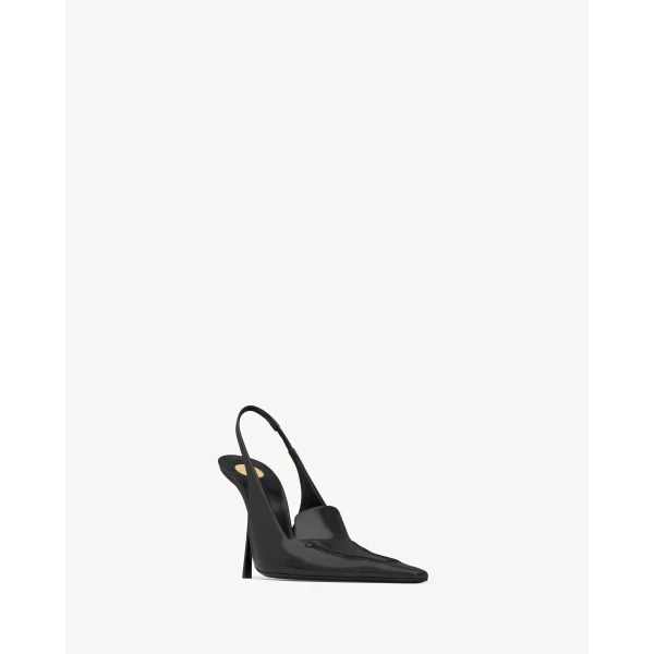 Black Saint Laurent Voltaire Slingback Pumps in Glazed Leather, Black, view 3 | Heels