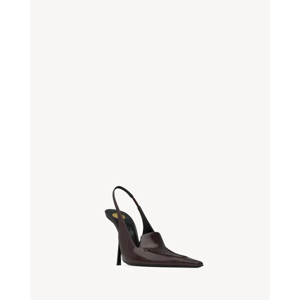 Brown Saint Laurent Voltaire Slingback Pumps in Glazed Leather, Marron Glace, view 4 | Heels