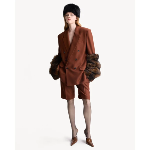 Brown Saint Laurent Voltaire Slingback Pumps in Glazed Leather, Soil Brown, view 2 | Heels