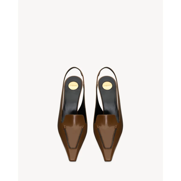Brown Saint Laurent Voltaire Slingback Pumps in Glazed Leather, Soil Brown, view 3 | Heels