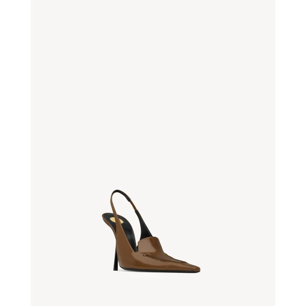 Brown Saint Laurent Voltaire Slingback Pumps in Glazed Leather, Soil Brown, view 4 | Heels