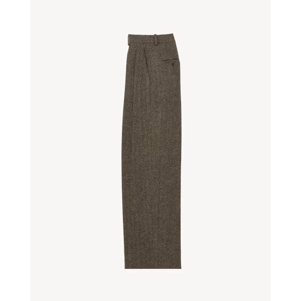 Beige Saint Laurent Wide-Leg Pants in Herringbone Wool, view 2 | Wide leg pants