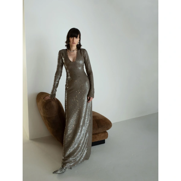 Sandra Mansour Decadence Dress in Olive Sequin, view 2