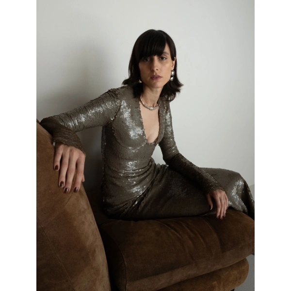Sandra Mansour Decadence Dress in Olive Sequin, view 3