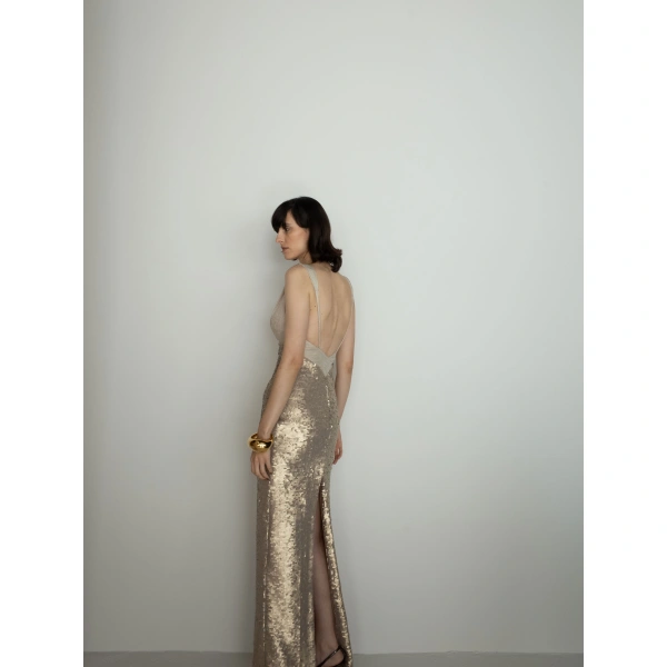 Sandra Mansour Muted Motion Bustier Gown in Gold, view 3