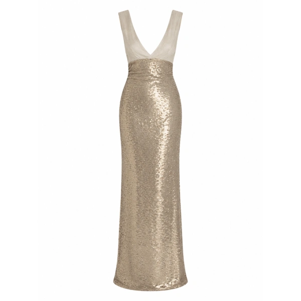 Sandra Mansour Muted Motion Bustier Gown in Gold