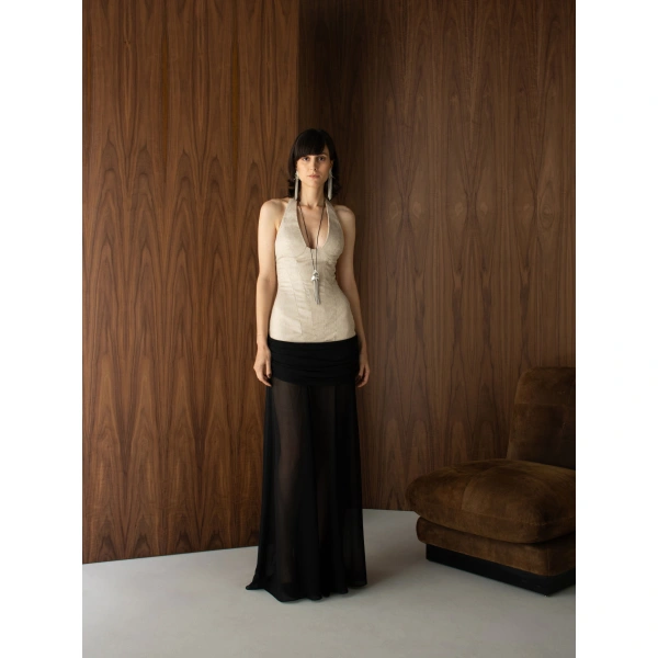 Sandra Mansour Resonance Halter Gown in Ivory and Black, view 3