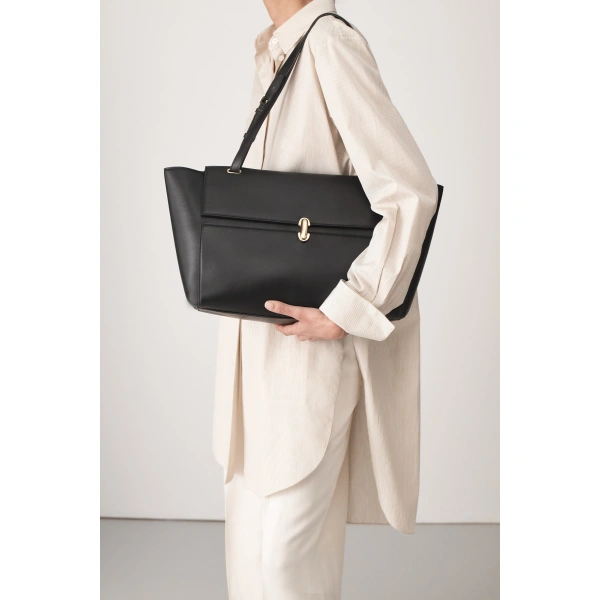 Savette Large Symmetry Trapeze Shoulder Bag in Black Smooth Leather, view 4 | Shoulder & Crossbody Bags | Coveti