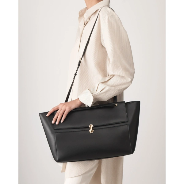 Savette Large Symmetry Trapeze Shoulder Bag in Black Smooth Leather, view 5 | Shoulder & Crossbody Bags | Coveti