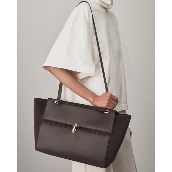 Savette Large Symmetry Trapeze Shoulder Bag in Coffee Mixed Leather, view 4 | Shoulder & Crossbody Bags | Coveti