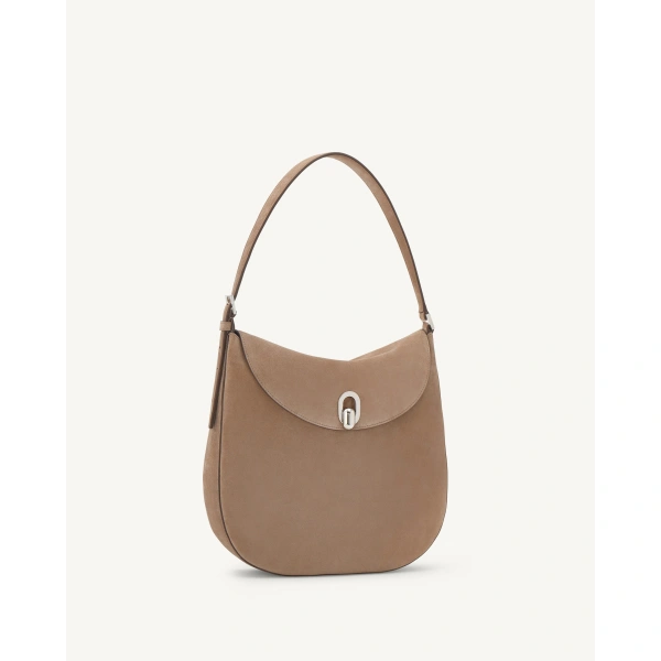 Savette Large Tondo Hobo in Taupe Suede, view 2 | Hobo Bags | Coveti