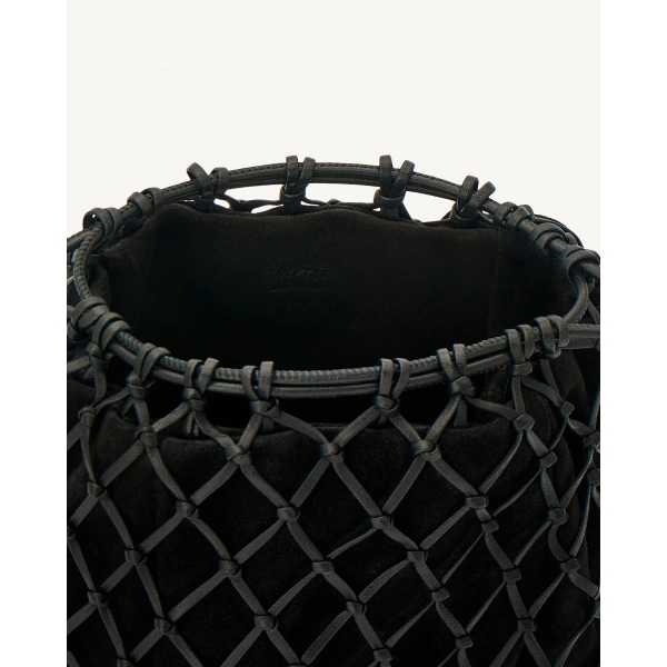 Savette Macrame Pouch in Black Suede and Leather, view 2 | Clutch Bags | Coveti