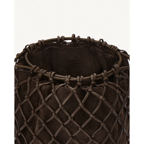 Savette Macrame Pouch in Coffee Suede and Leather, view 2 | Clutch Bags | Coveti